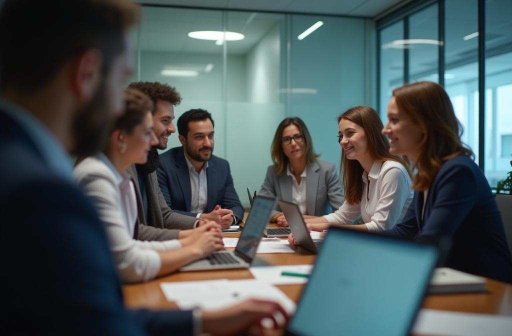 Professional team collaborating in a meeting room, representing effective communication.