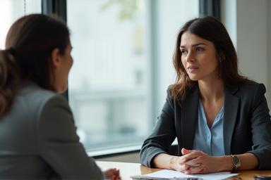One-on-one coaching session between two professionals refining interviewing technique.