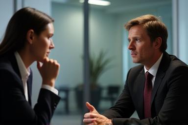 Two people in a serious discussion, representing handling difficult interview conversations.